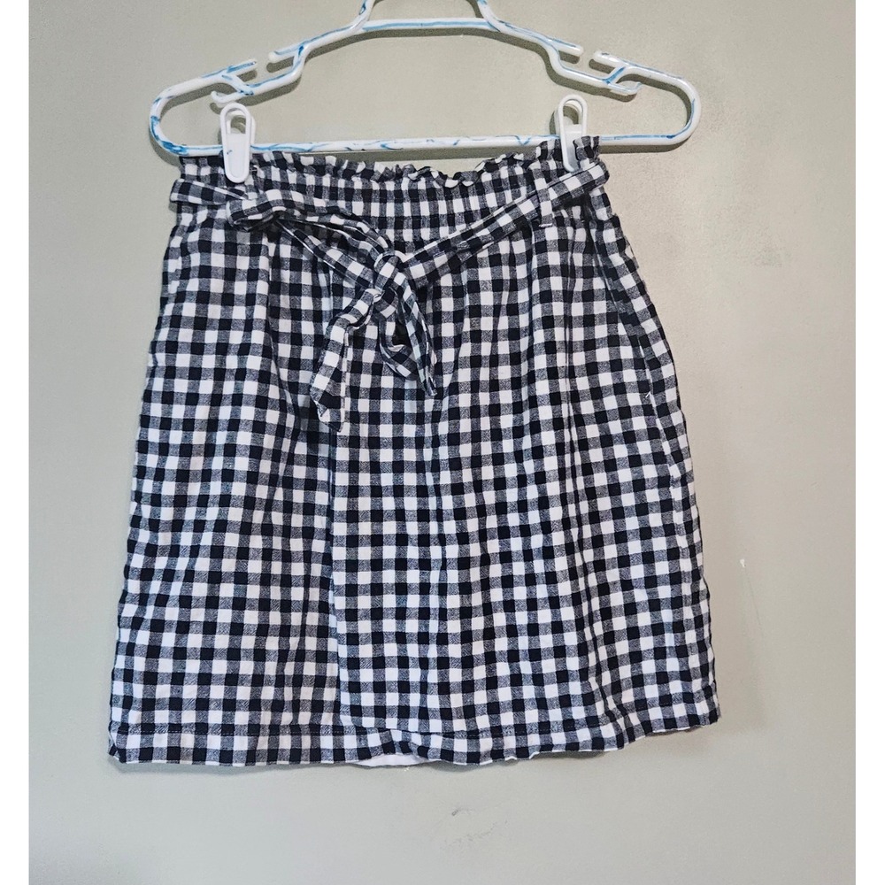 J.Crew Gingham Paperbag Waist Mini Skirt Navy White Tie Belt Small 55% linen